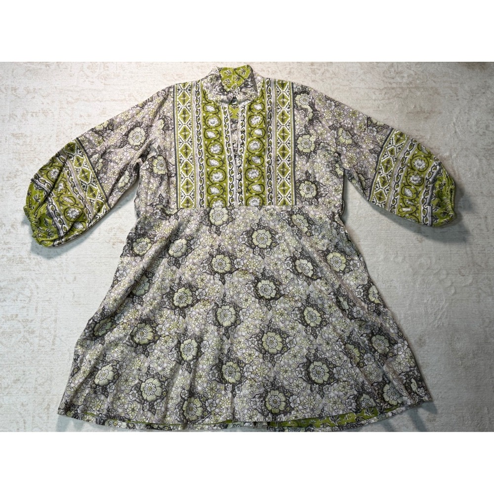 Sue Sartor Paloma Mini Dress XL Green Floral Block Print Cotton Puff Sleeve